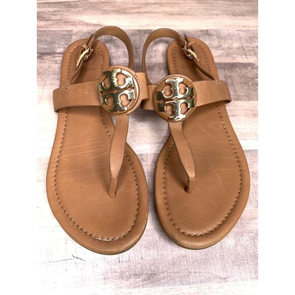 TORY BURCH Claire Flat Buckle Thong Sling Back Sandals Brown Leather Size 8M - Picture 1 of 11